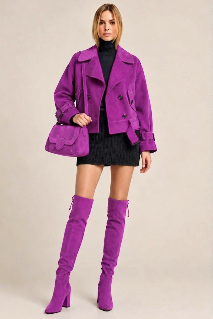 Women's mauve custom-made thigh-high boots with round toe and high block heel- Top view